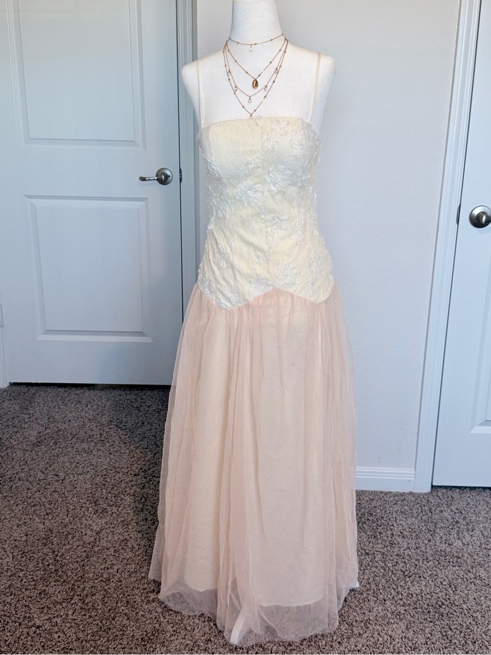 Strapless Two-Tone Lace & Tulle Maxi Dress in Cream and Blush